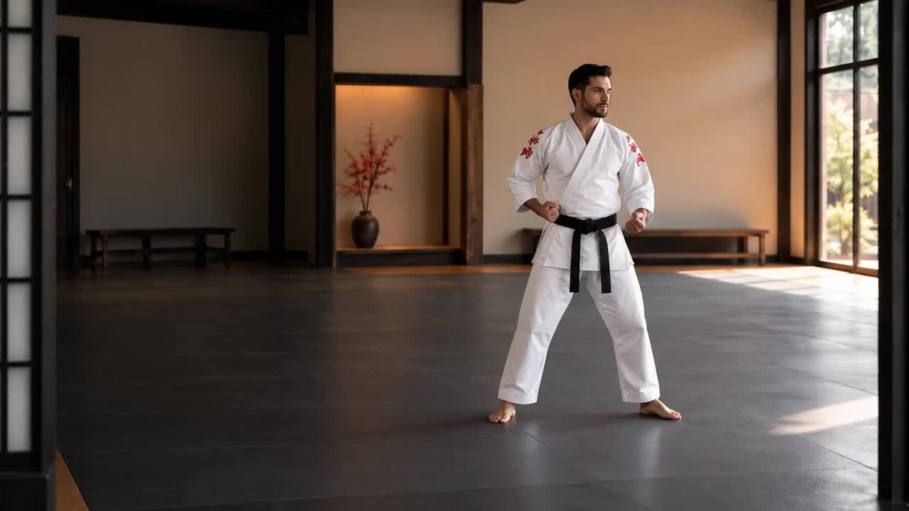Praticante de karate num dojo