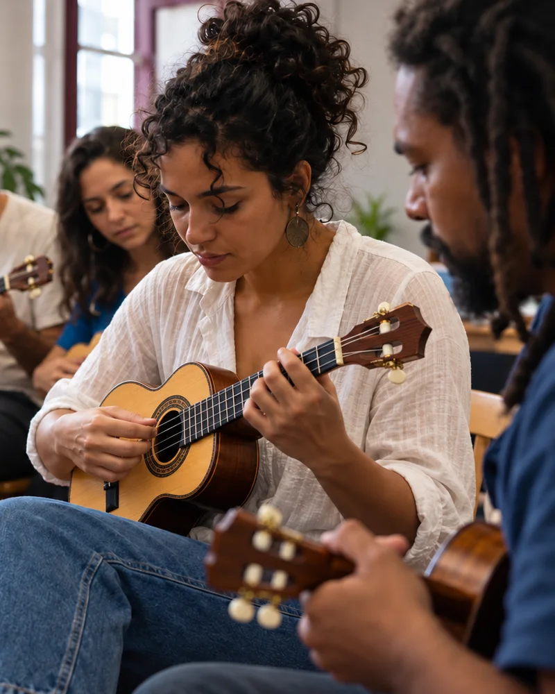Cena ilustrativa de aula de cavaquinho, criada com IA