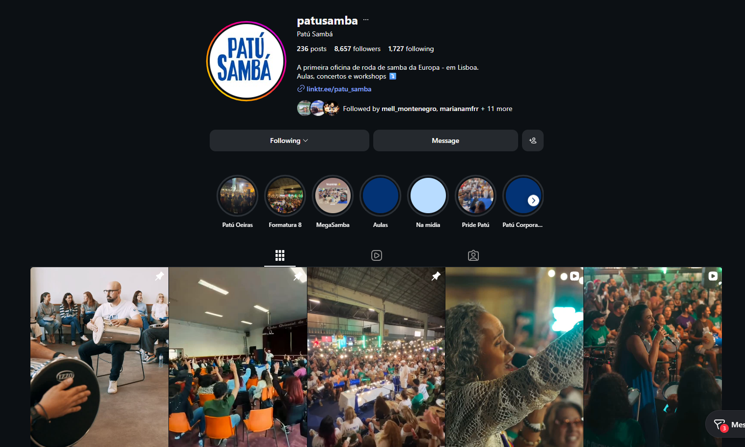 Fotografias de aulas e rodas no perfil do Patú Sambá