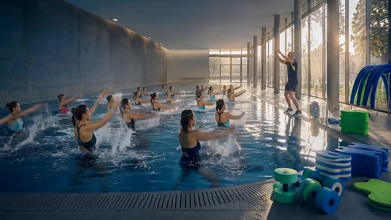 Sessão de aquafitness em grupo numa piscina interior